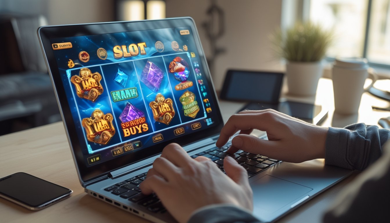 Seorang pemain sedang menggunakan laptop untuk bermain permainan slot online dengan fokus di ruangan yang terang dan nyaman.