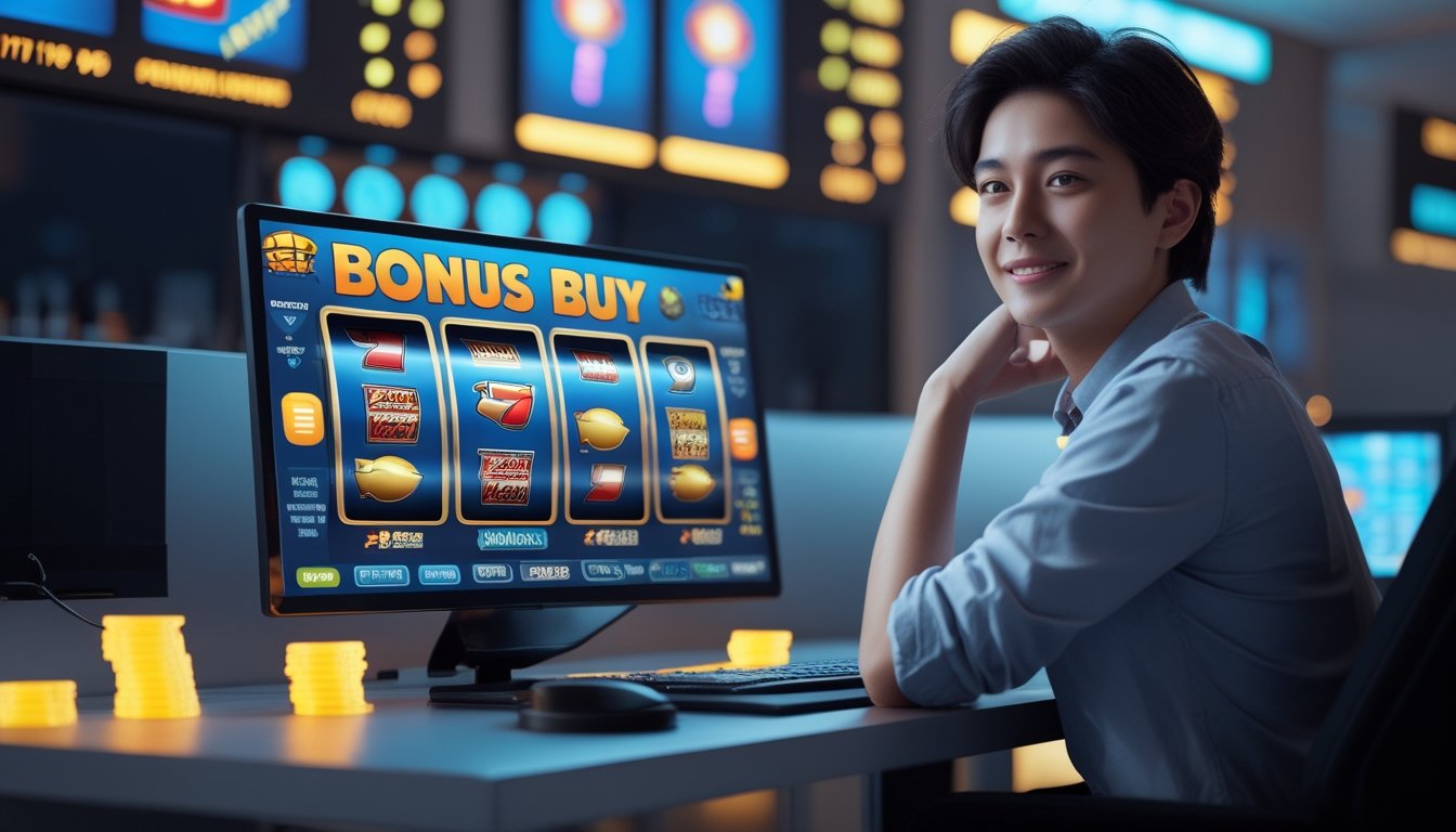 Seorang pemula bermain game slot online di laptop dengan latar belakang ikon bonus dan koin yang bersinar.