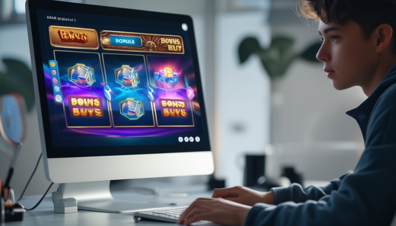 Seorang pemain muda yang fokus menggunakan komputer dengan tampilan permainan slot digital berwarna-warni di layar.