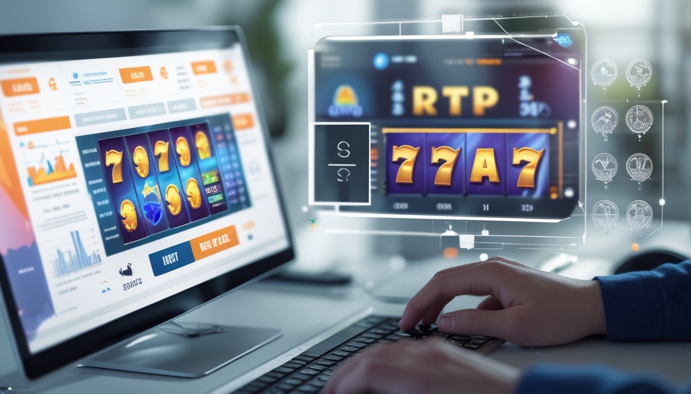 Seorang pemain sedang menggunakan komputer dengan tampilan permainan slot yang menampilkan simbol bonus, dikelilingi oleh grafik dan catatan analisis.