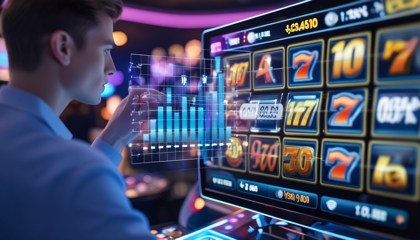 Seorang analis sedang melihat data RTP pada layar digital di depan mesin slot di lingkungan kasino modern.
