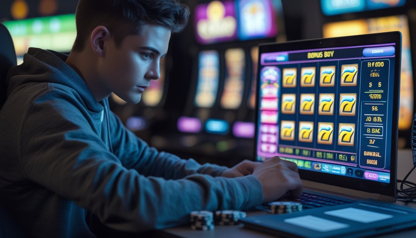 Seorang individu sedang mengelola modal saat bermain game slot dengan fitur bonus buy, terlihat fokus dengan layar komputer dan chip di meja.