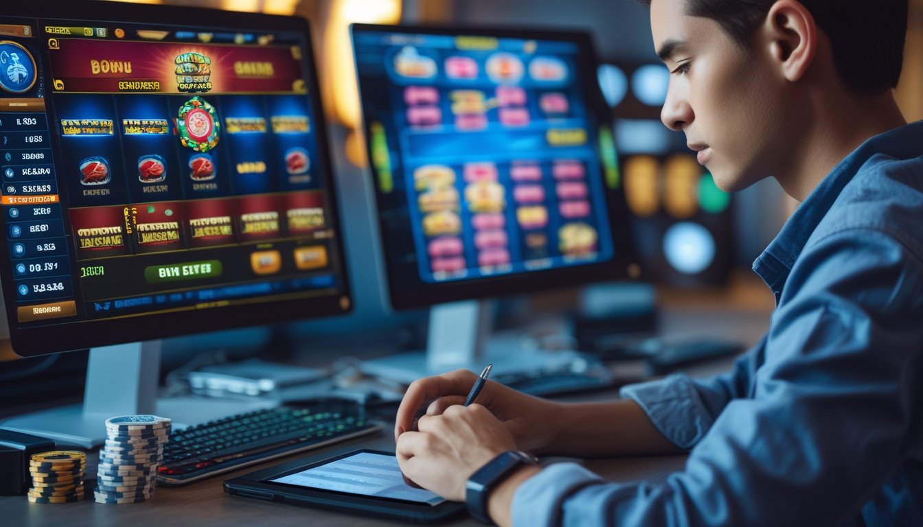 Seseorang sedang mengelola modal saat bermain game bonus buy slots di depan komputer dengan layar menampilkan permainan slot.