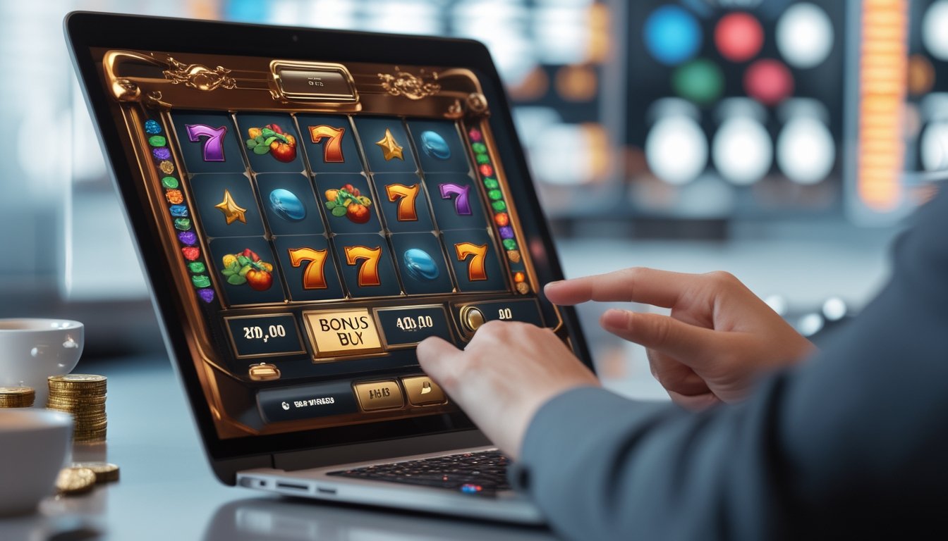 Seseorang menggunakan perangkat digital dengan layar menampilkan mesin slot online berwarna-warni dan fitur Bonus Buy.