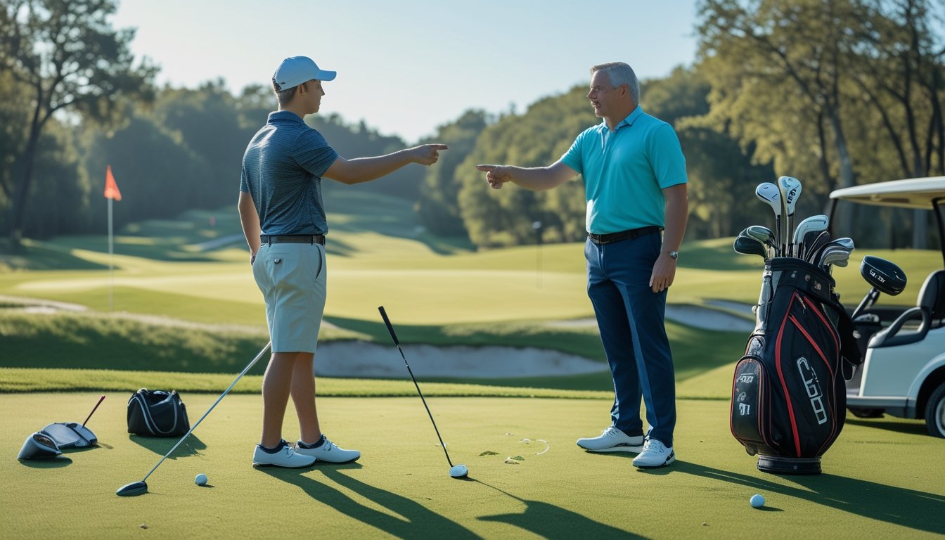 Seorang pemula golf sedang menerima petunjuk dari instruktur golf di lapangan golf yang hijau dan cerah.