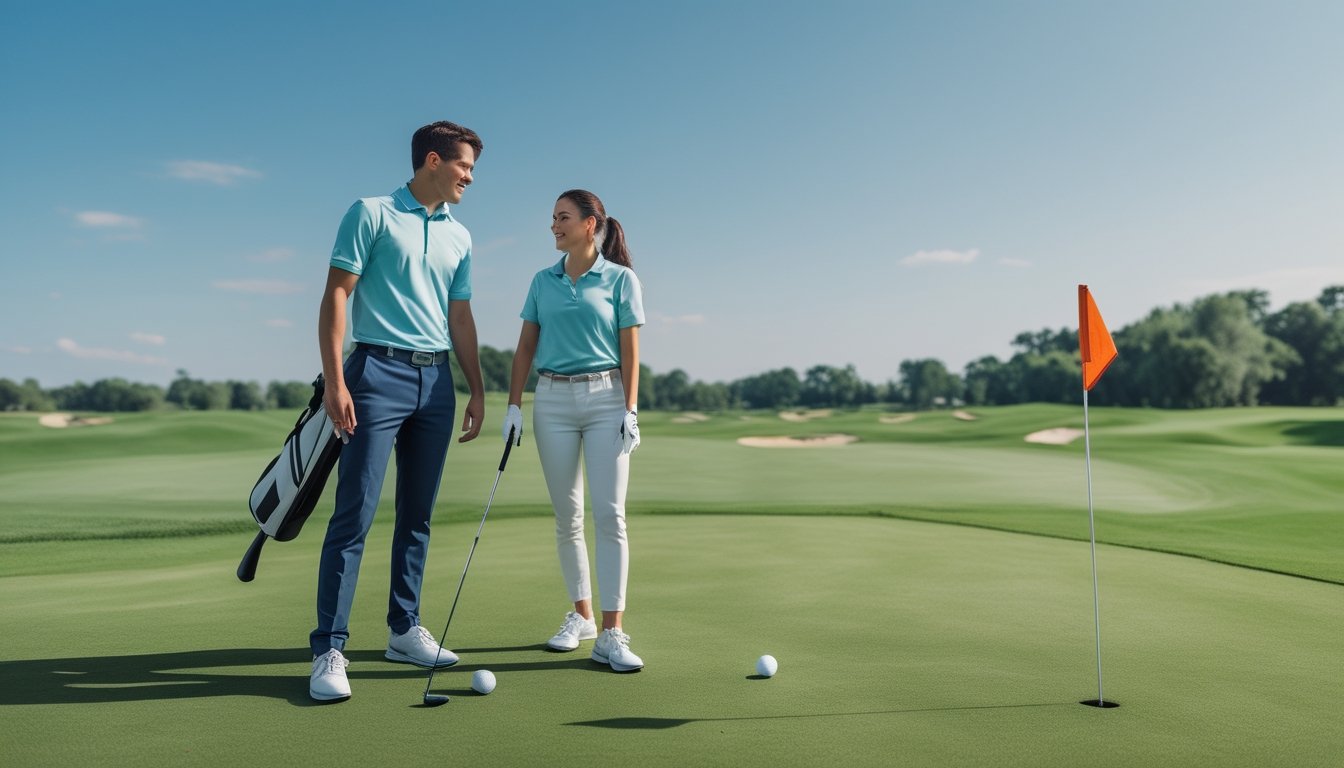 Seorang pria dan wanita muda berdiri di lapangan golf hijau dengan perlengkapan golf, siap bermain golf di bawah langit cerah.