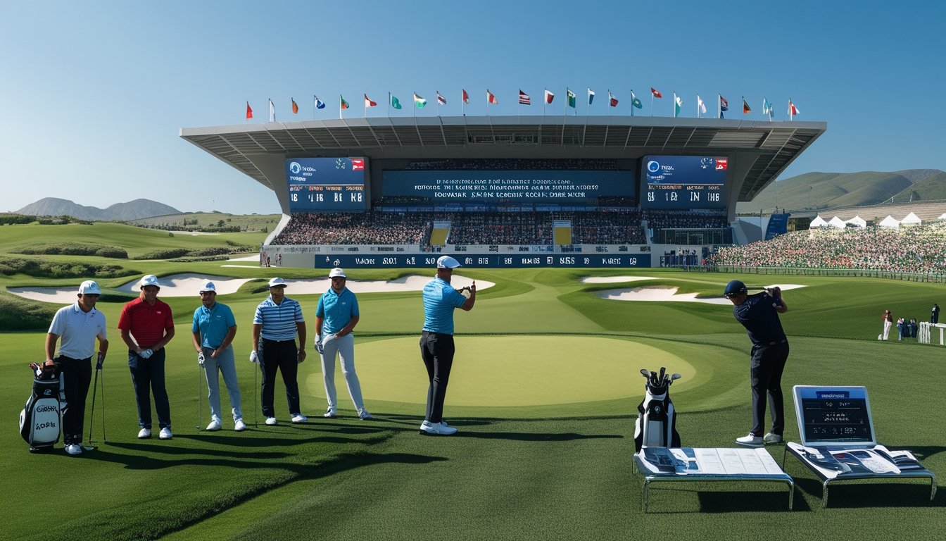 Seorang pegolf profesional sedang bersiap melakukan ayunan di lapangan golf internasional dengan penonton di tribun dan bendera negara-negara di latar belakang.