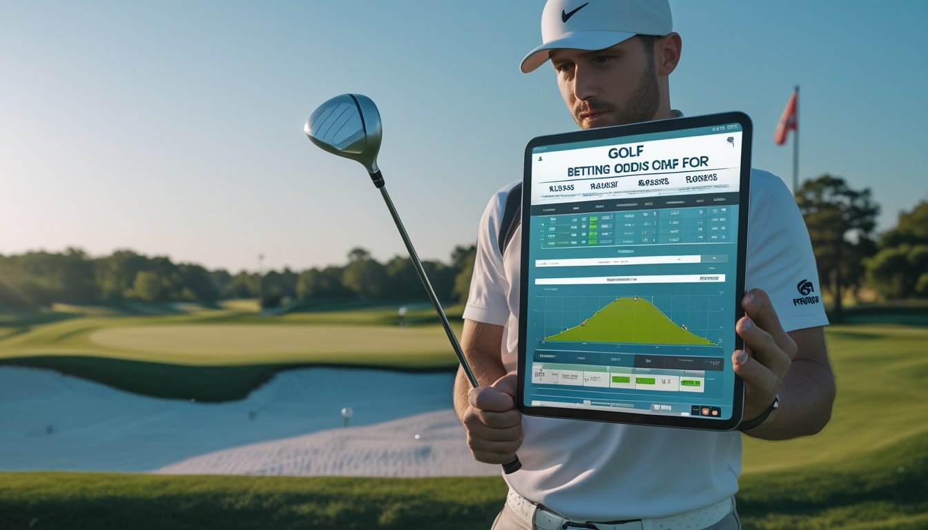 Seorang pegolf pria sedang berdiri di lapangan golf sambil memegang klub golf dan melihat tablet digital dengan grafik dan statistik taruhan golf.