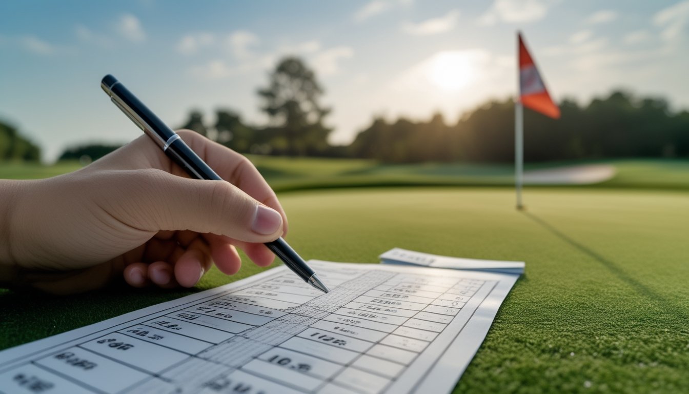 Seorang tangan menunjuk pada slip taruhan golf dengan latar belakang lapangan golf hijau dan bendera di lubang.