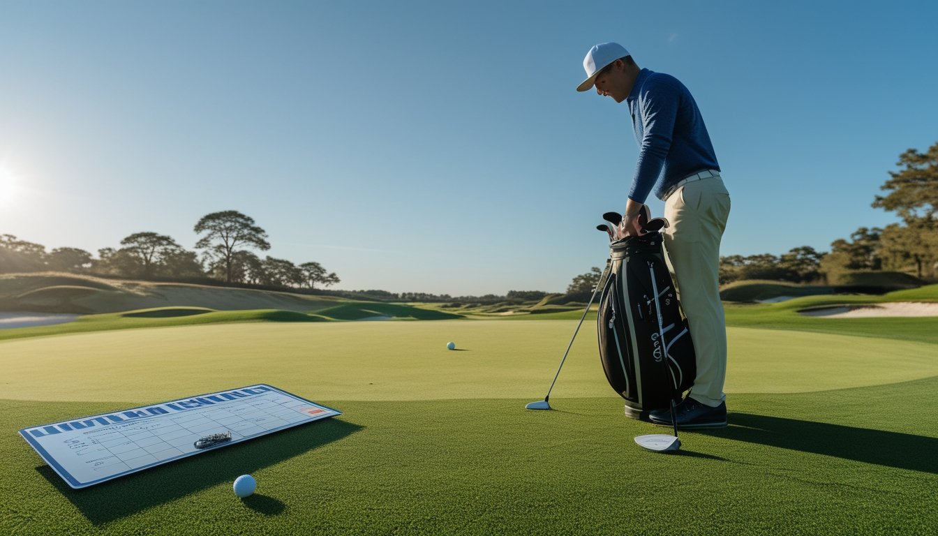 Seorang pegolf sedang bersiap memukul bola di lapangan golf yang hijau dengan tas golf di dekatnya dan tangan yang bertukar chip taruhan di latar belakang.