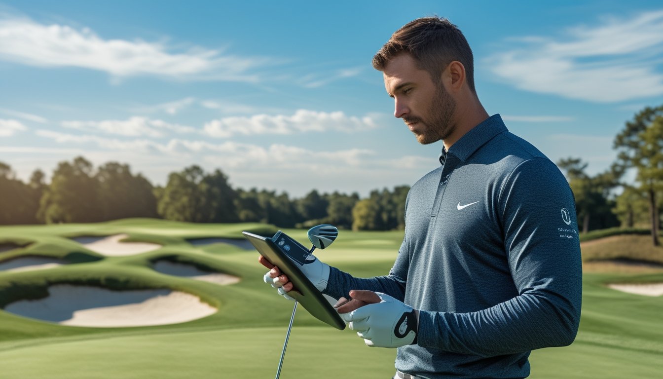 Seorang pemain golf pria sedang menganalisis performa golfnya menggunakan tablet di lapangan golf yang hijau dan cerah.