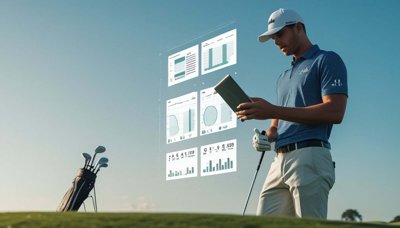 Seorang pemain golf sedang berdiri di lapangan hijau sambil memegang tablet dan tongkat golf, tampak fokus menganalisis performa permainannya.