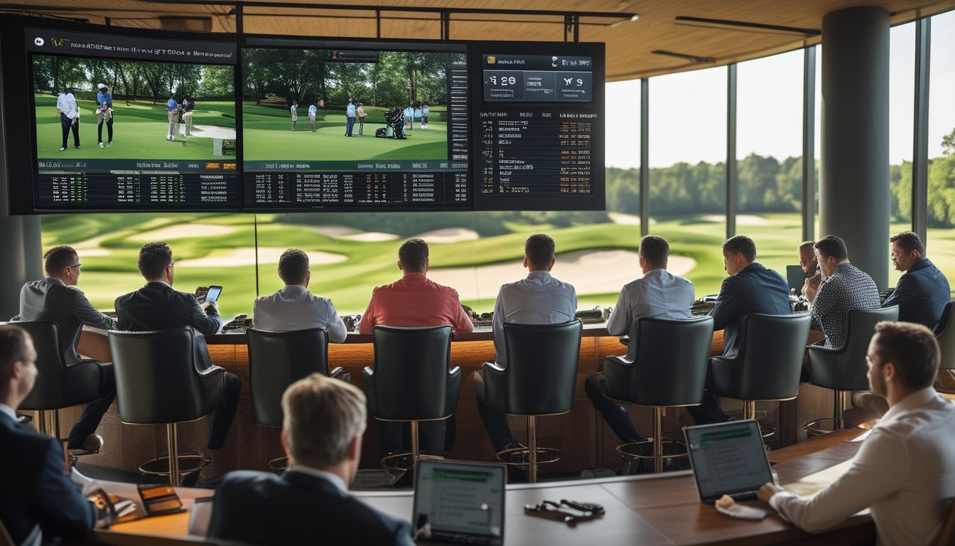 Sekelompok orang profesional sedang menonton turnamen golf dan memasang taruhan di sebuah ruang modern dengan pemandangan lapangan golf.
