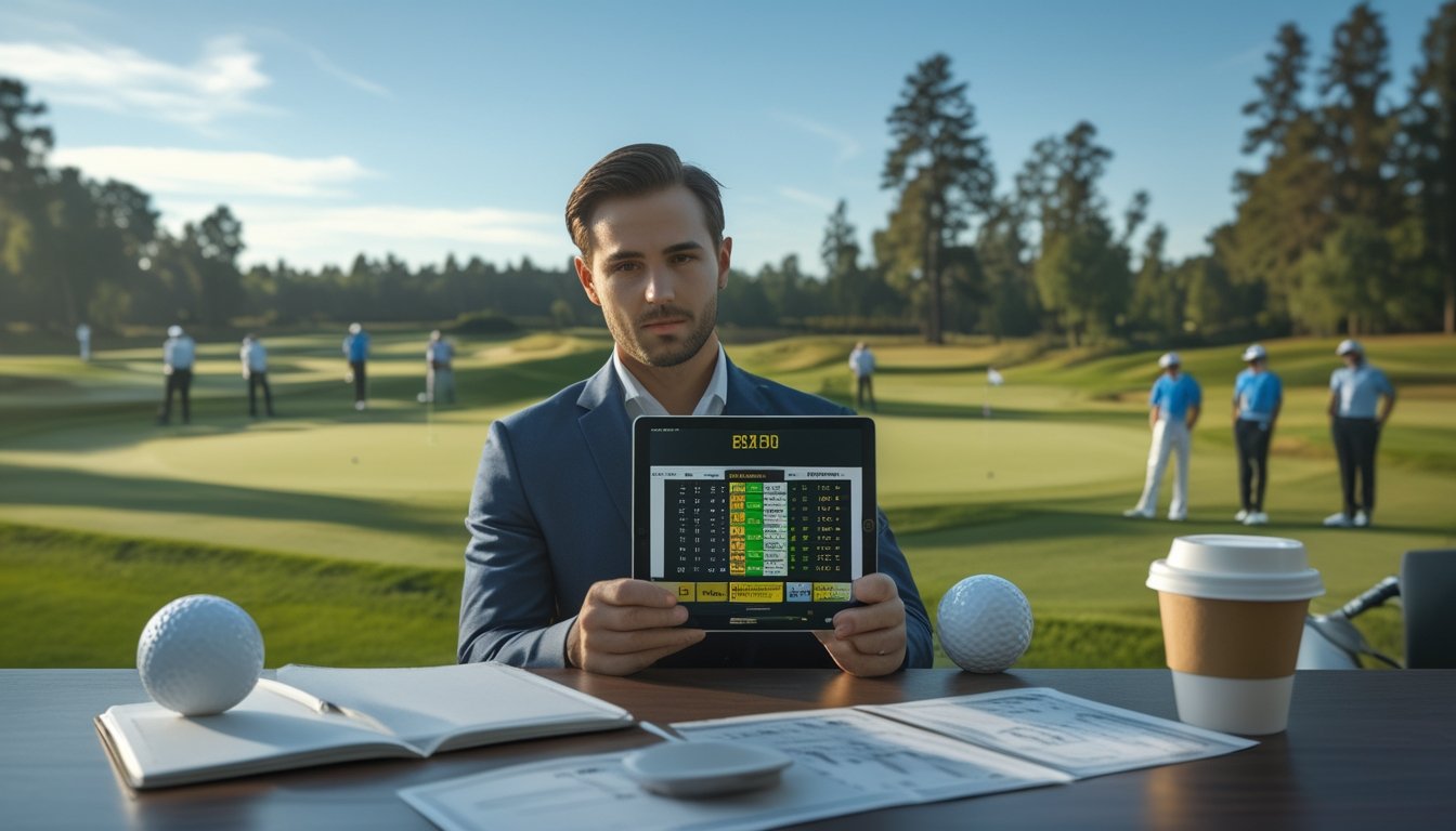 Seorang bettor profesional berdiri di dekat lapangan golf hijau dengan tablet di tangan, sementara pemain golf sedang bermain di latar belakang.
