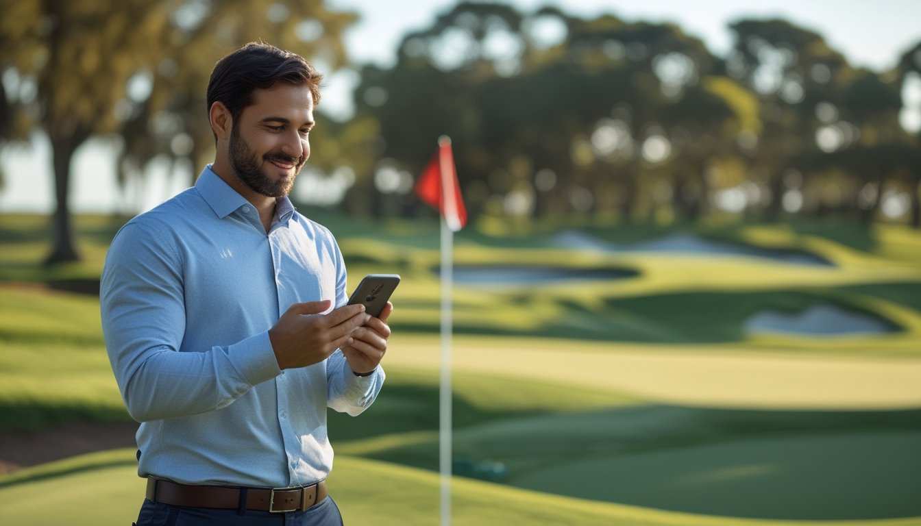 Seorang pria berdiri di lapangan golf yang hijau sambil melihat ponsel dengan latar belakang bendera golf dan langit cerah.