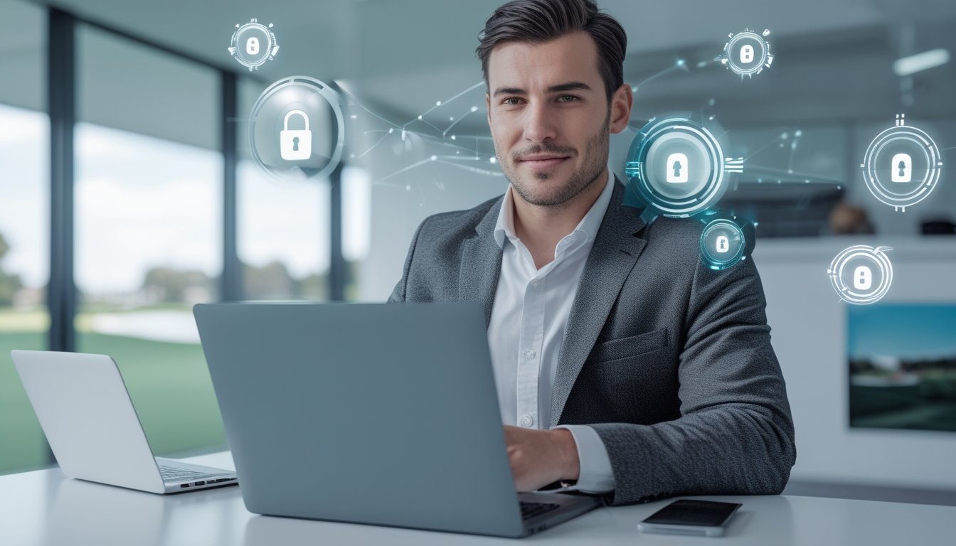 Seorang pria duduk di depan laptop di kantor modern dengan ikon keamanan digital mengambang di sekitar layar, menggambarkan keamanan dan kepercayaan dalam taruhan golf online.