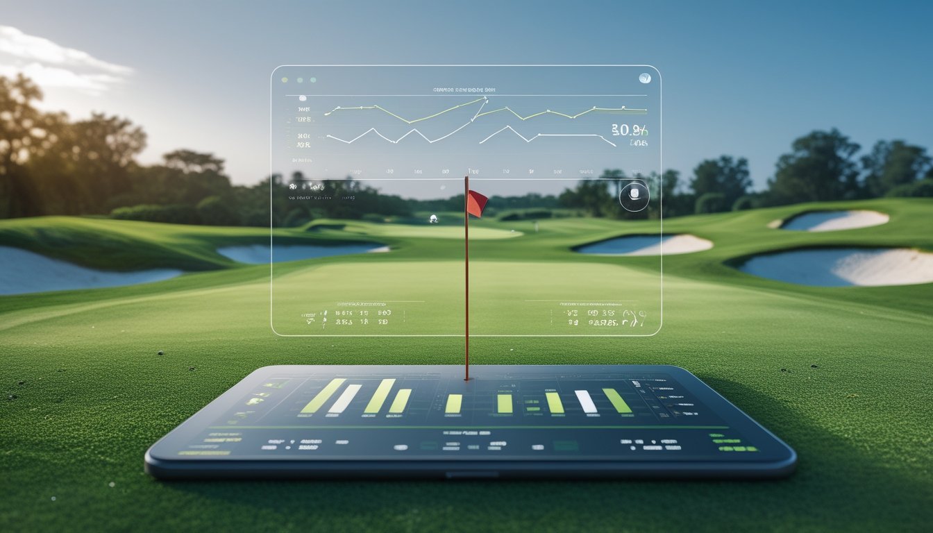 Pemandangan lapangan golf dengan grafik data statistik transparan yang menunjukkan analisis hasil taruhan.