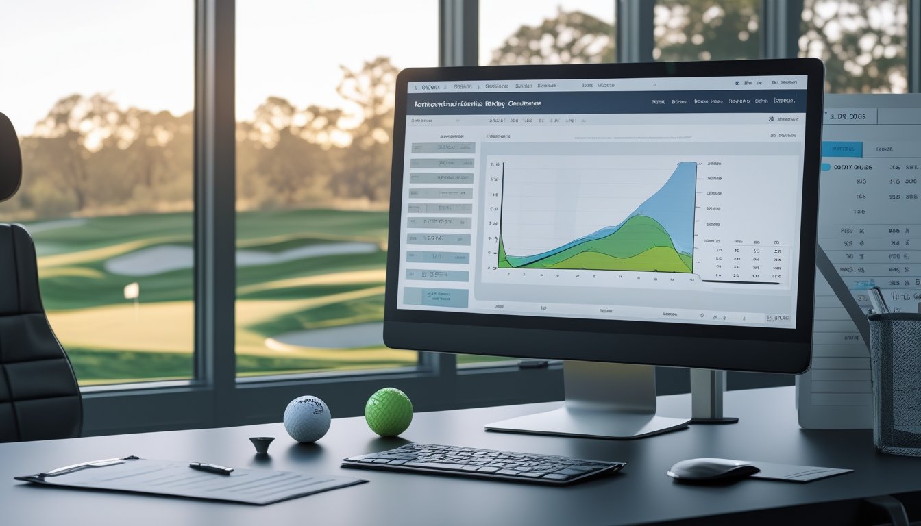 Sebuah kantor modern dengan layar komputer yang menampilkan analisis statistik lapangan golf, dengan peralatan golf di meja dan lapangan golf terlihat di latar belakang.