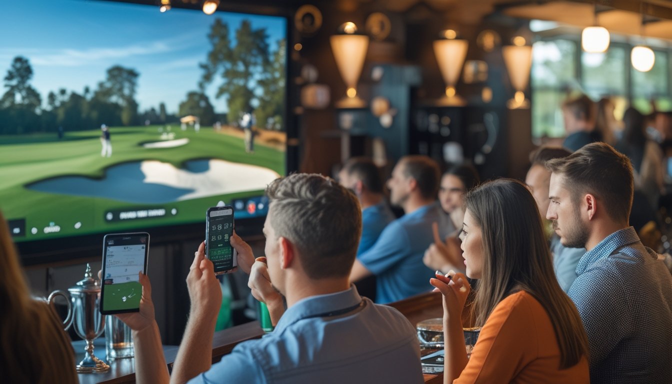 Sekelompok orang menonton pertandingan golf langsung di sebuah bar sambil menggunakan ponsel untuk bertaruh.