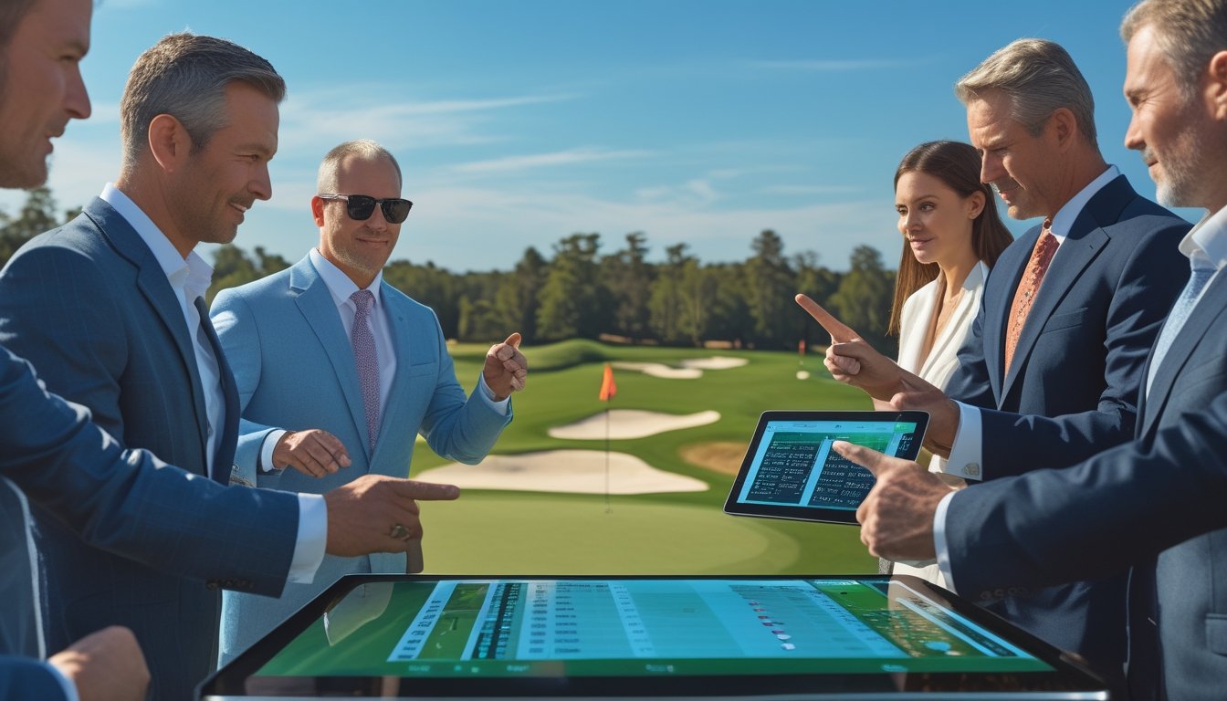 Sekelompok orang sedang menggunakan perangkat digital untuk bertaruh secara langsung saat pertandingan golf berlangsung di lapangan hijau yang luas.