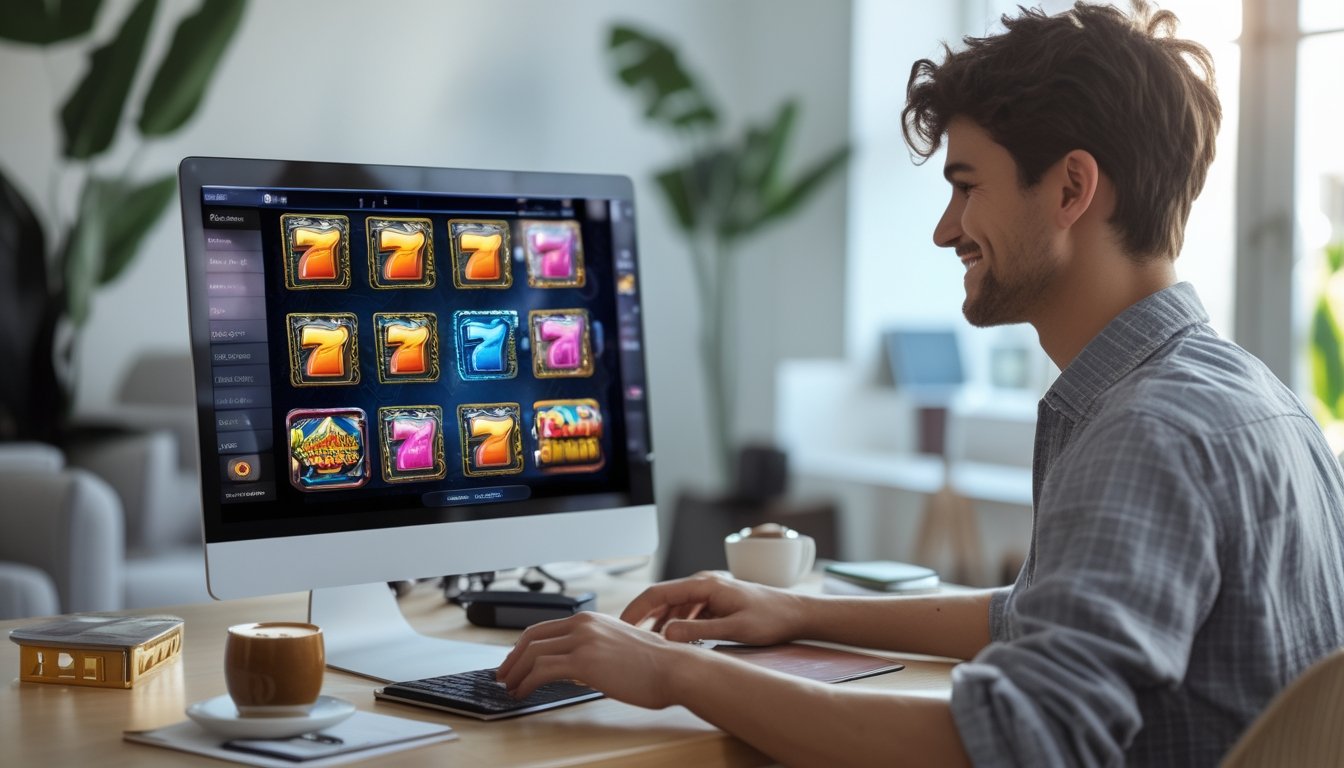 Seorang pemula bermain permainan slot online di laptop di ruang kerja rumah yang terang dan rapi.