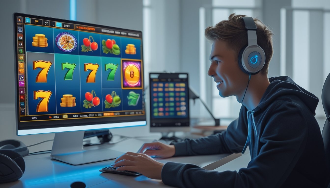 Seorang dewasa muda sedang bermain permainan slot online di komputer dengan latar belakang ruangan yang rapi dan modern.