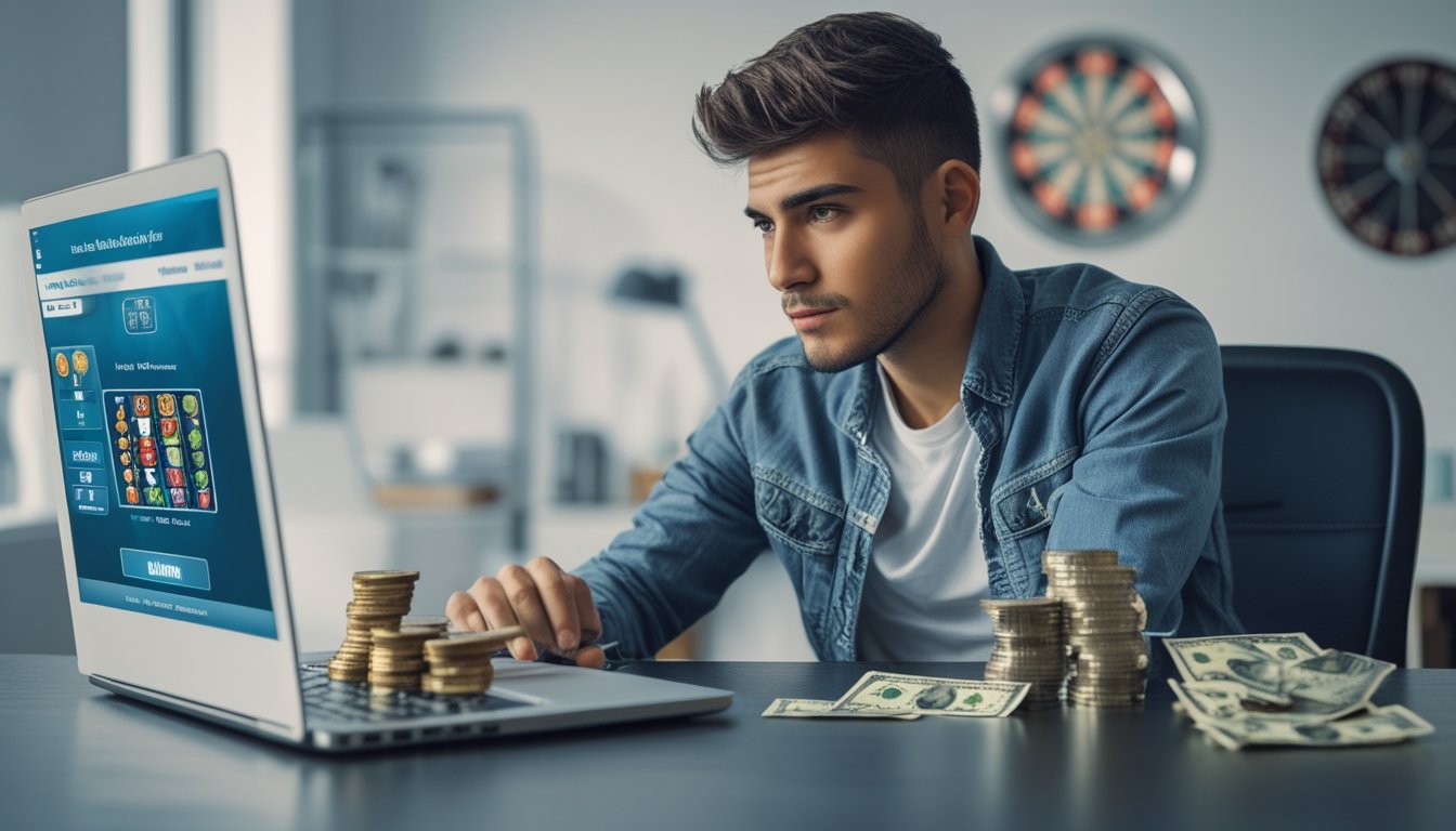 Seseorang duduk di meja dengan laptop terbuka menampilkan permainan slot online, dengan tumpukan koin kecil dan uang di sampingnya, di ruang kerja rumah yang terang dan rapi.