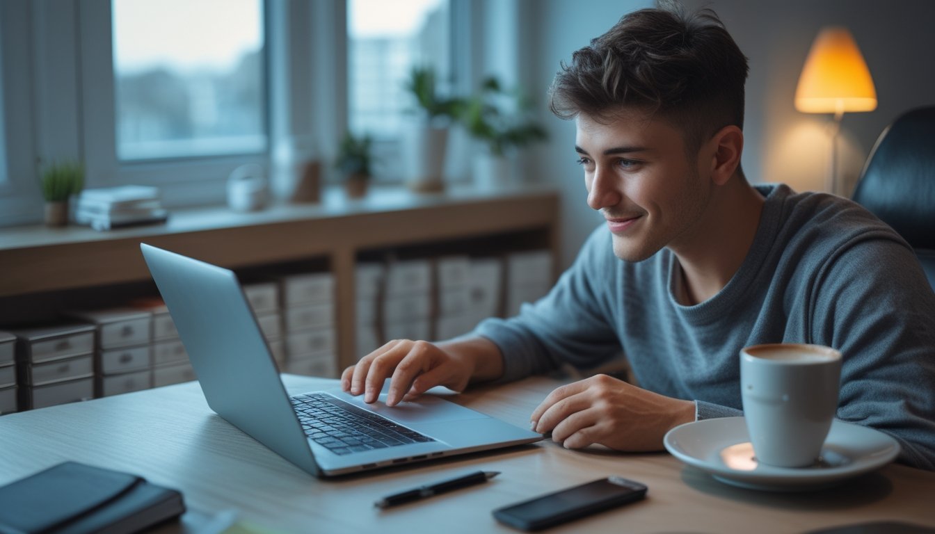 Seorang dewasa muda duduk di meja dengan laptop, fokus bermain slot online dengan suasana ruangan yang nyaman dan pencahayaan hangat.