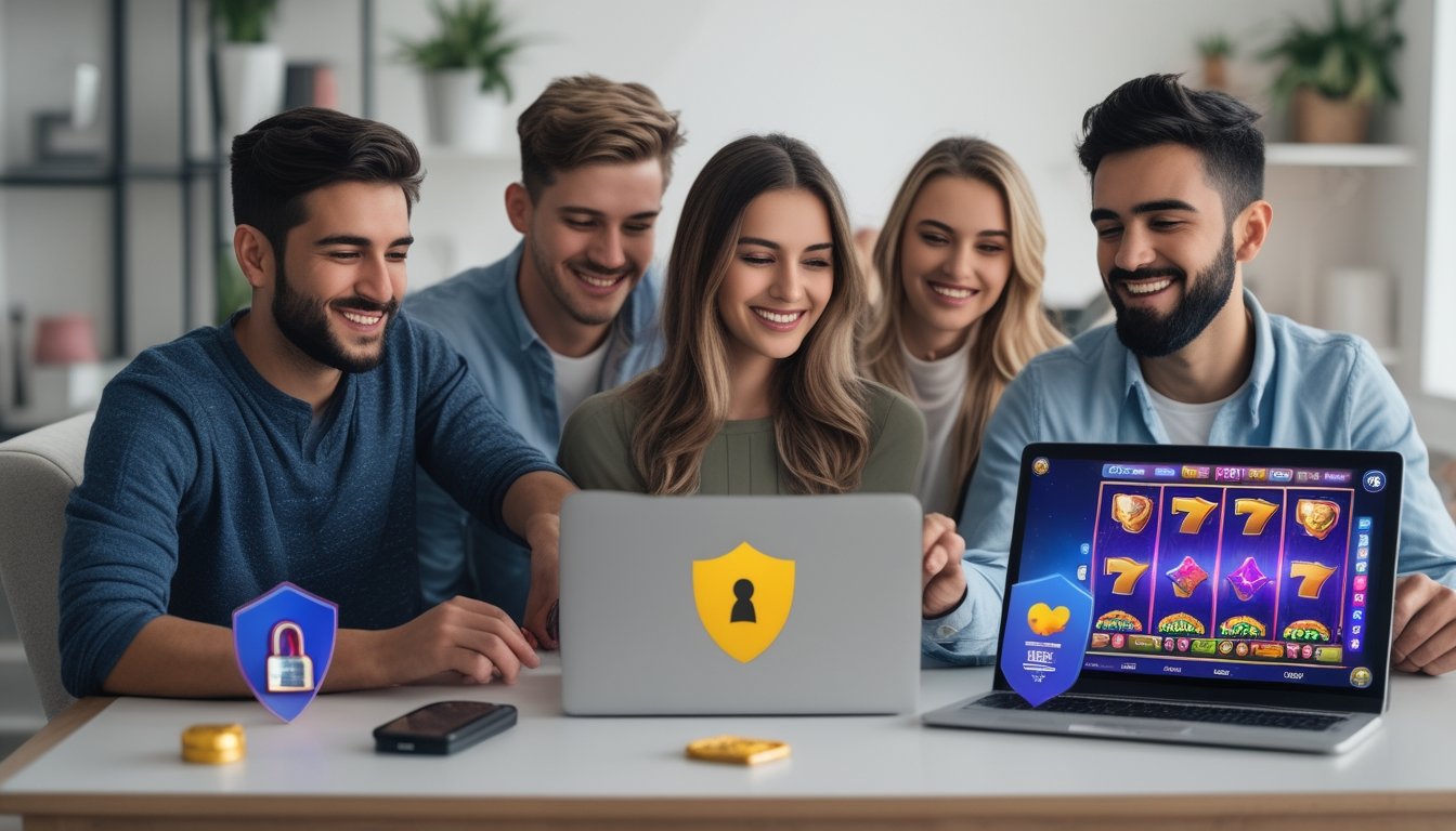 Beberapa orang muda sedang menggunakan laptop dan ponsel yang menampilkan permainan slot online di sebuah ruangan yang terang dan nyaman.