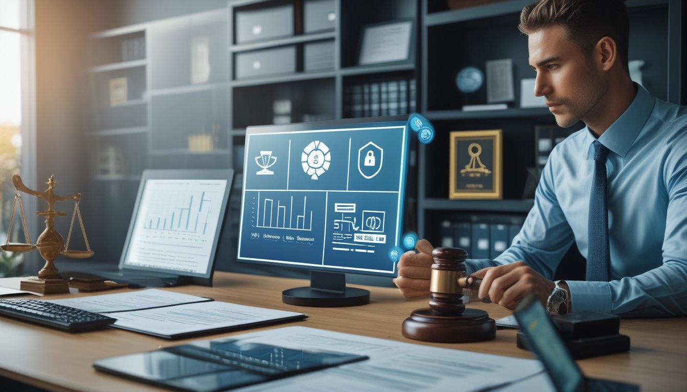 Seorang profesional di kantor modern sedang meninjau dokumen dan perangkat digital dengan simbol hukum dan keamanan di latar belakang.