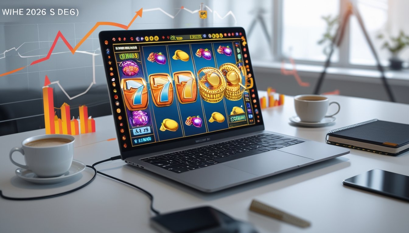 Seorang pengguna sedang bermain game slot online di komputer dengan latar belakang grafik naik yang menunjukkan RTP tinggi.