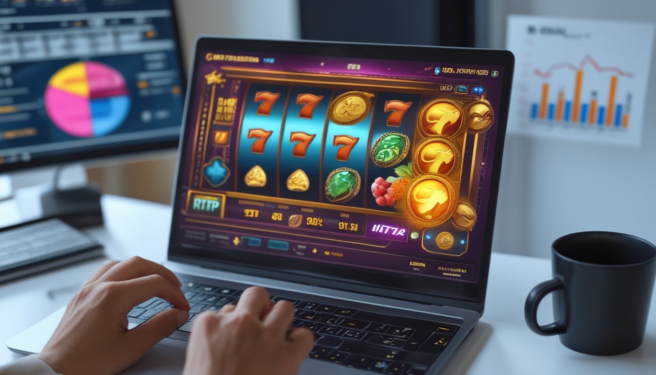 Seorang pengguna sedang bermain game slot online di komputer dengan tampilan grafik dan indikator RTP di layar.