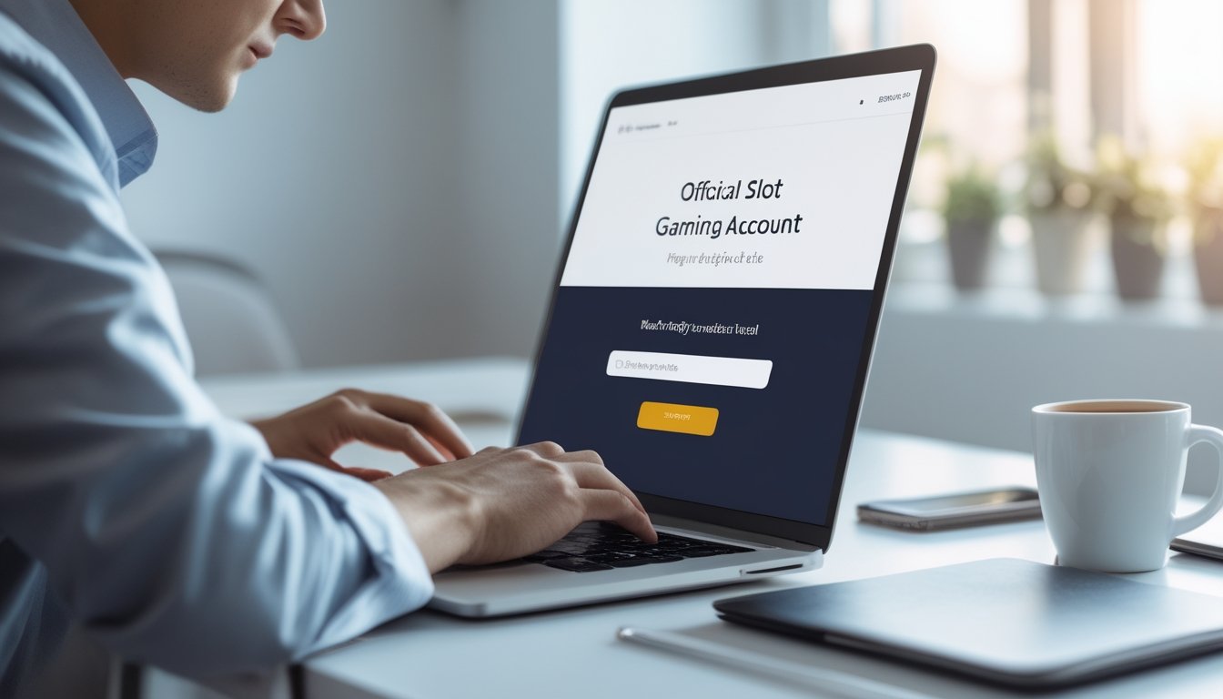 Seseorang sedang menggunakan laptop di meja kerja yang rapi untuk mendaftar akun secara online dengan suasana yang terang dan aman.