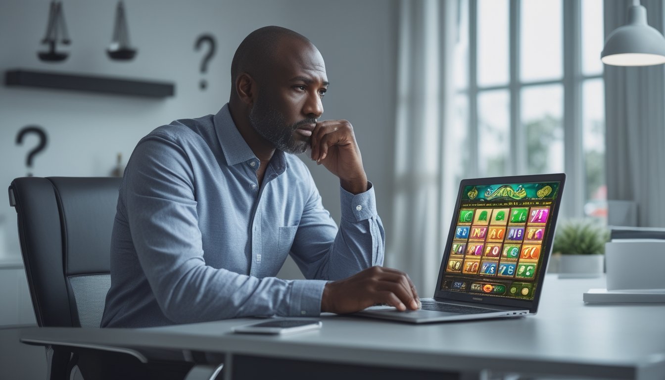 Seorang pria dewasa duduk di meja dengan laptop yang menampilkan permainan slot online, tampak fokus dan merenung di ruang kerja rumah yang modern.