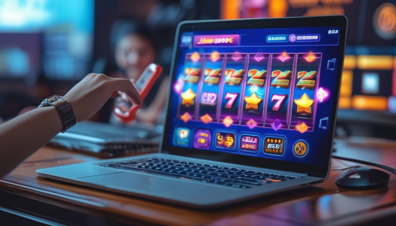 Seorang pemain menggunakan laptop dan ponsel dengan tampilan permainan slot online yang berwarna-warni di meja kayu.