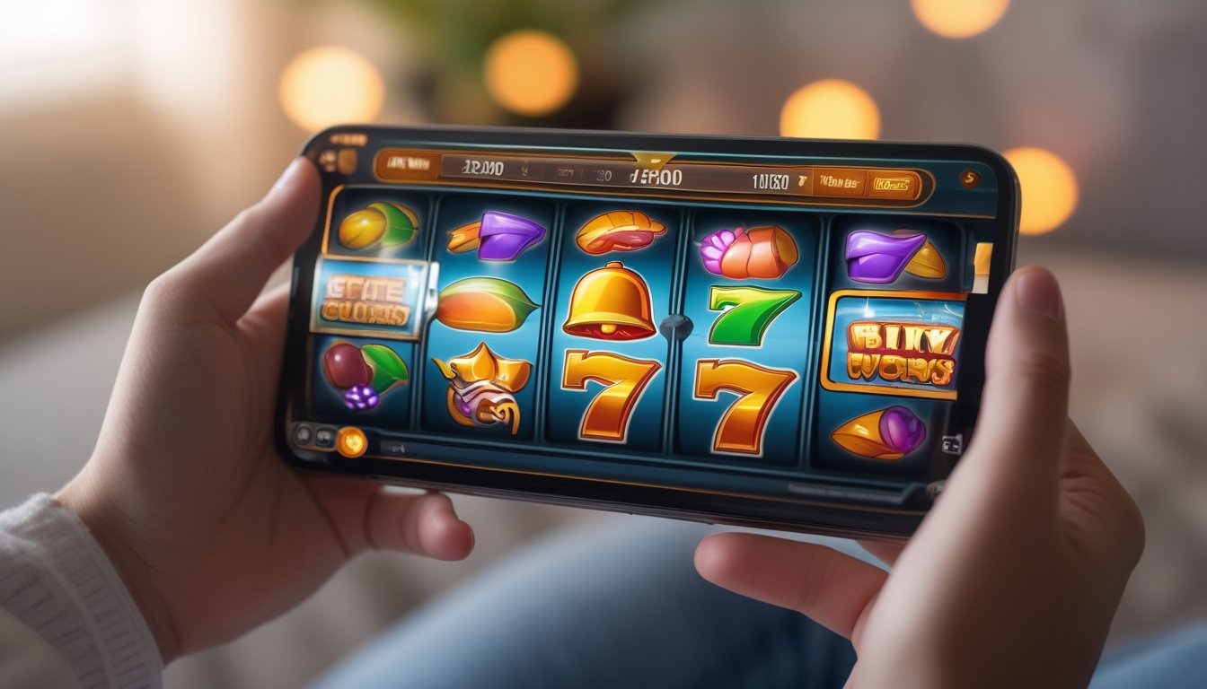 Seseorang memegang ponsel dengan tampilan permainan slot online yang berwarna-warni dan menarik.