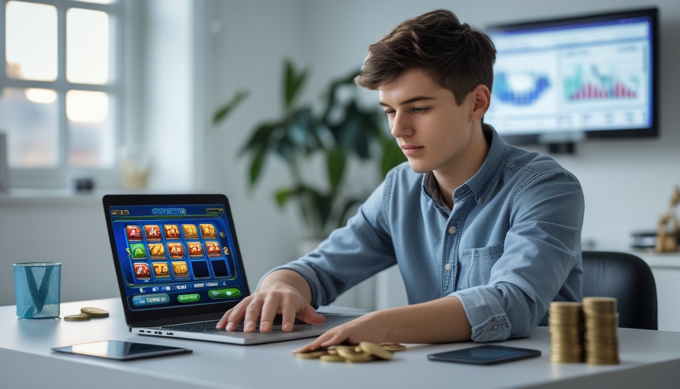 Seorang dewasa muda duduk di meja dengan laptop yang menampilkan permainan slot online, menggunakan kalkulator dan mencatat anggaran.
