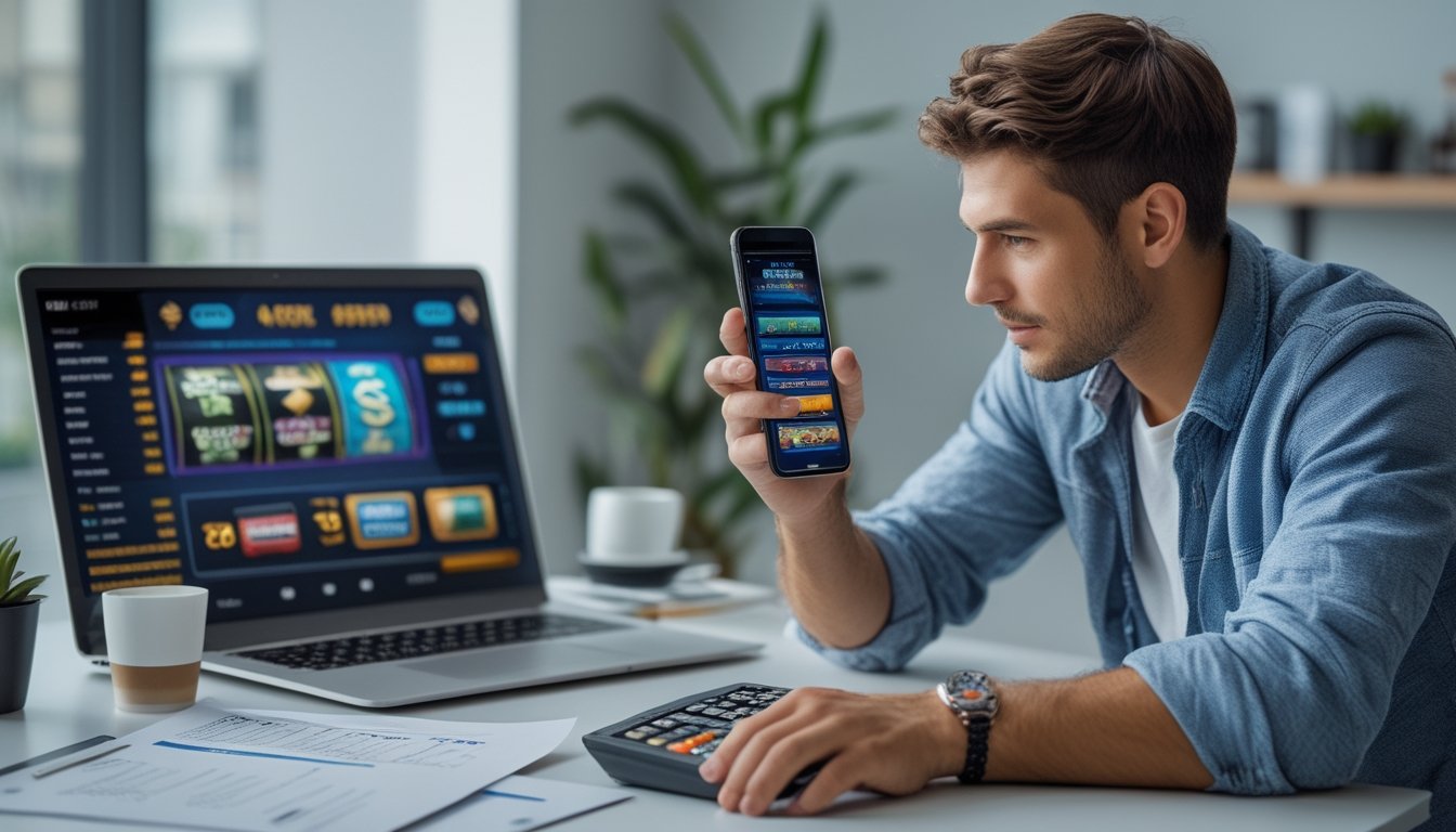 Seorang pria muda fokus duduk di depan laptop dengan permainan slot online, dikelilingi dokumen keuangan dan alat hitung anggaran di meja.