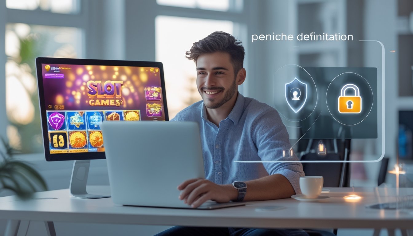 Seorang dewasa muda duduk di depan laptop dengan permainan slot online yang terlihat di layar, di ruang kerja yang terang dan rapi dengan simbol keamanan di latar belakang.