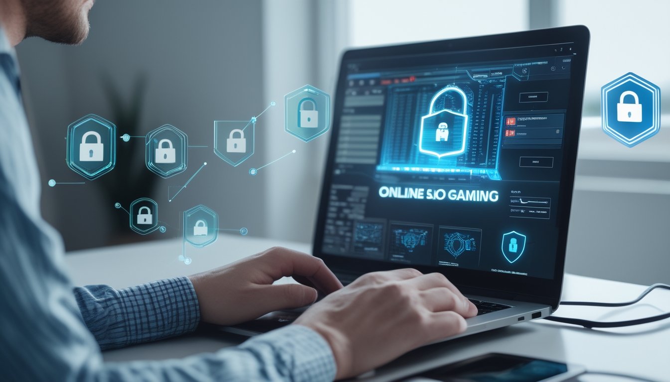 Seseorang menggunakan laptop dengan tampilan platform permainan slot online yang aman, dikelilingi ikon keamanan digital.