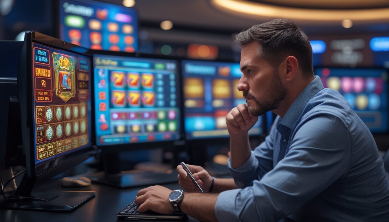 Seorang pria dewasa sedang menganalisis data permainan slot online di depan beberapa layar komputer di ruang kerja modern.