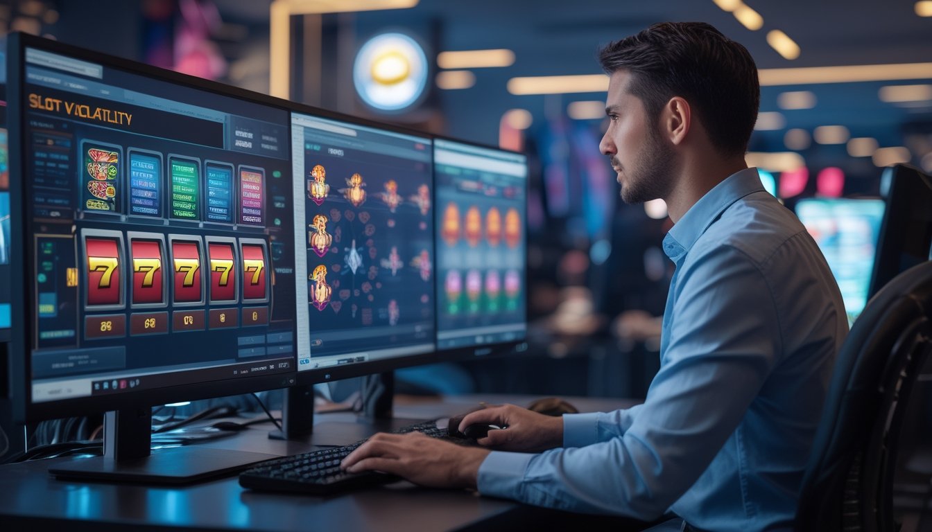 Seorang pemain profesional sedang menganalisis data slot online di depan beberapa layar komputer di ruang kerja modern.