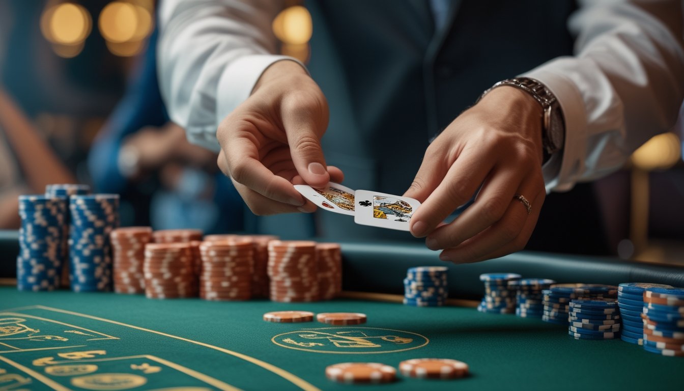 Tangan dealer sedang membuka kartu baccarat di meja kasino dengan tumpukan chip di sampingnya.