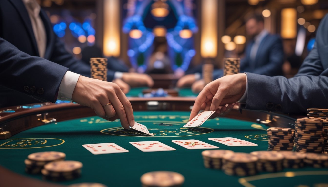 Tangan pemain sedang membuka kartu secara perlahan di meja baccarat di kasino mewah dengan suasana penuh antisipasi.