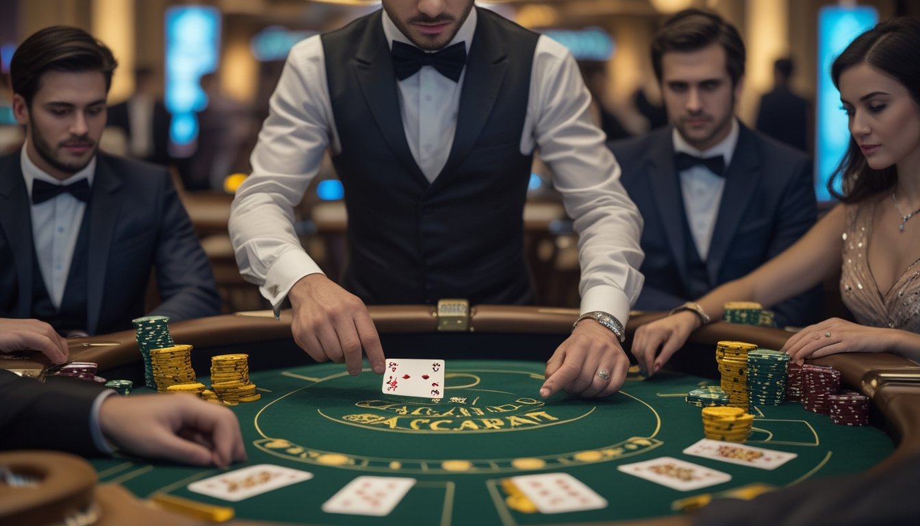 Seorang dealer di kasino sedang membuka kartu Baccarat dengan hati-hati di meja permainan, dikelilingi oleh pemain yang mengenakan pakaian formal.
