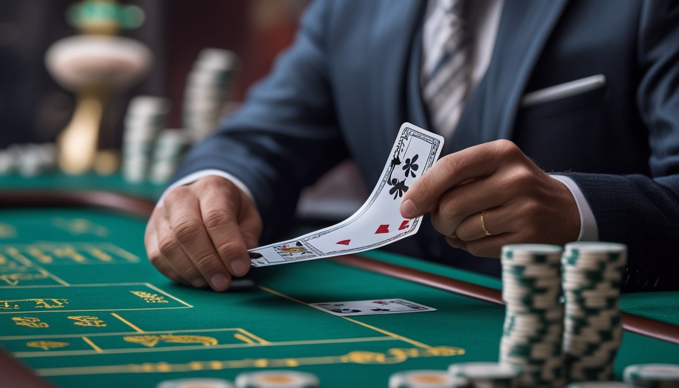 Seorang pemain di meja kasino sedang membuka sudut kartu dengan hati-hati dalam permainan Baccarat Squeeze.