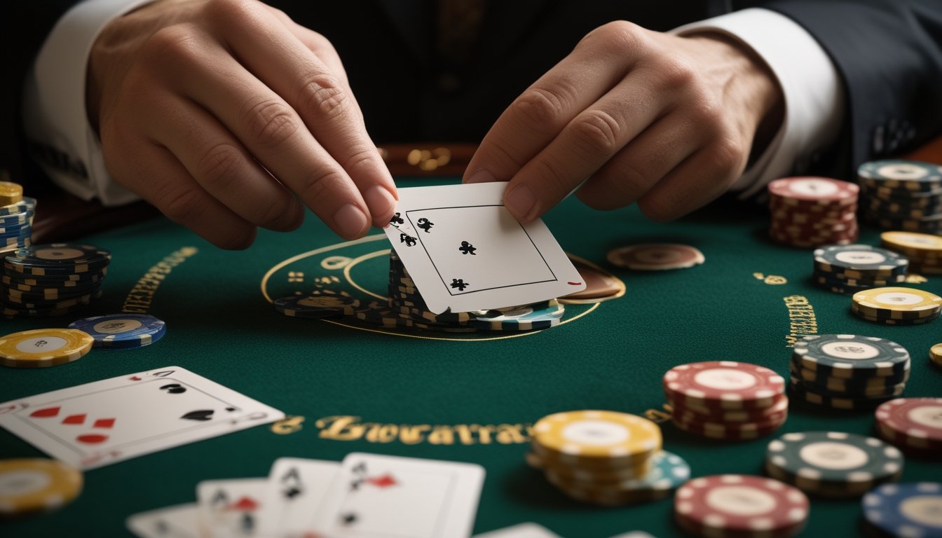 Tangan dealer sedang membuka sudut kartu di meja Baccarat dengan chip dan kartu di latar belakang.