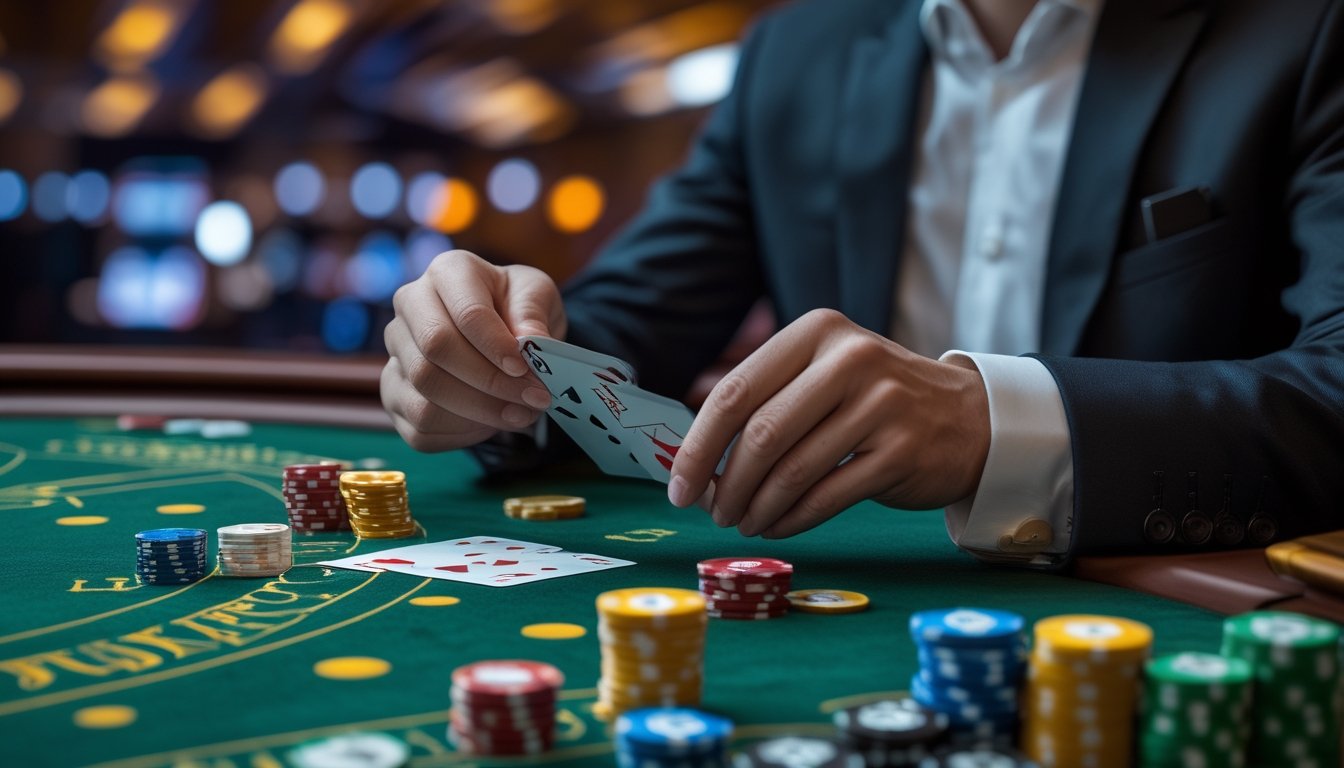Seorang pria berpakaian rapi sedang mengatur kartu dan chip taruhan di meja baccarat di kasino.