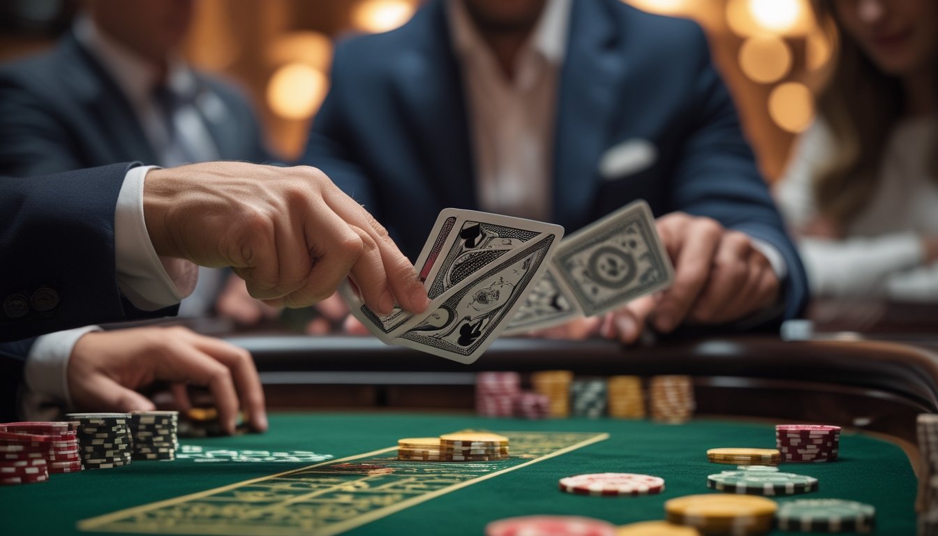 Seorang dealer di meja kasino sedang melakukan teknik squeeze pada kartu Baccarat dengan beberapa pemain memperhatikan dengan serius.