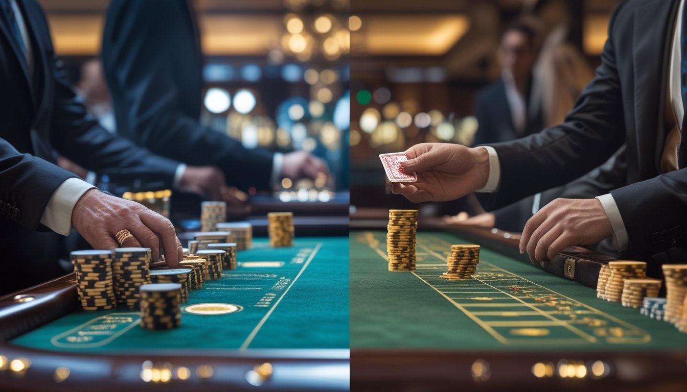 Meja baccarat di kasino dengan dua pemain, satu bermain baccarat klasik dan satu lagi melakukan baccarat squeeze sambil membuka kartu perlahan.